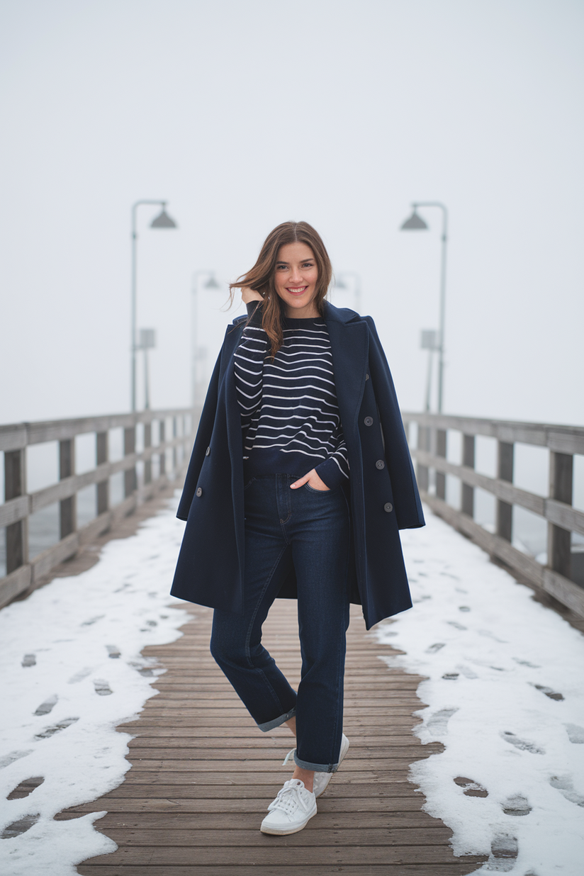 Woman in marine straight jeans, white sneakers, and a striped sweater with a navy peacoat near a snowy pier.