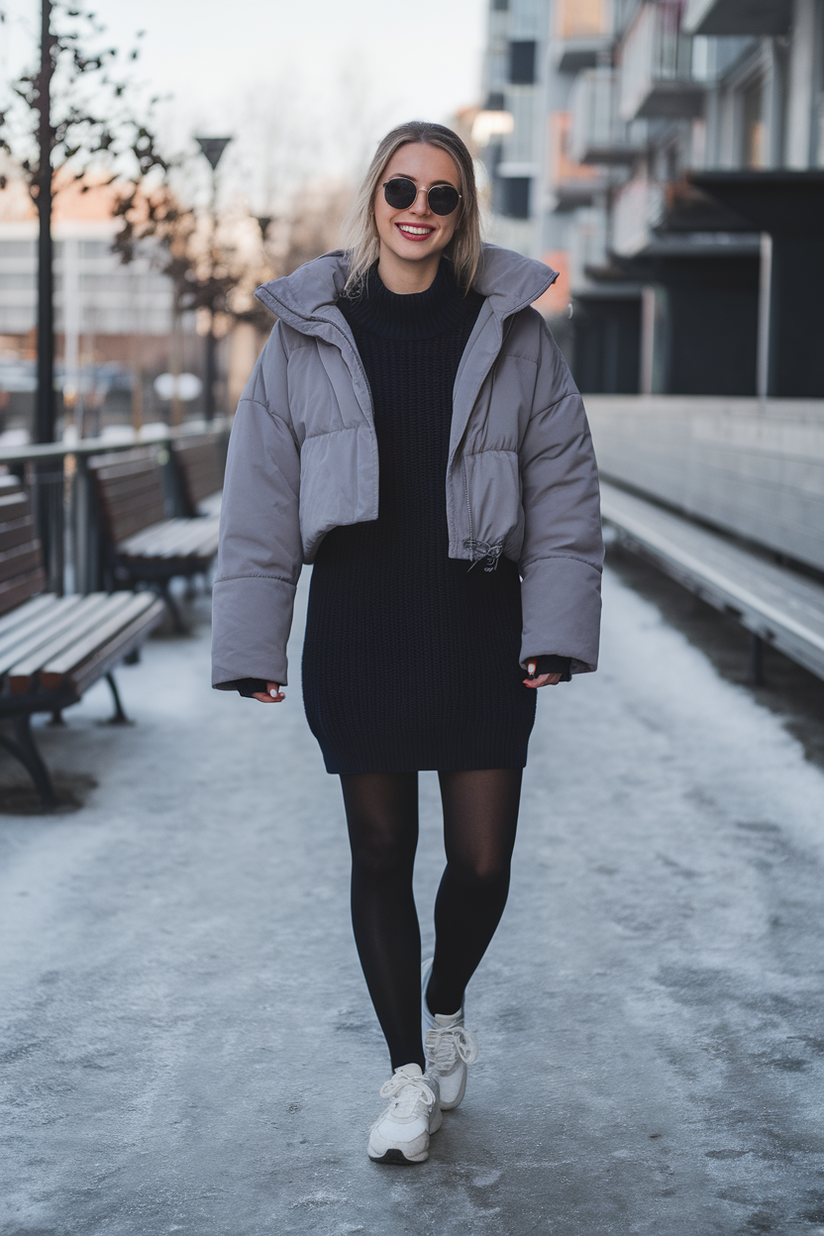 Winter outfit with a navy sweater dress, cropped jacket, and white trainers.