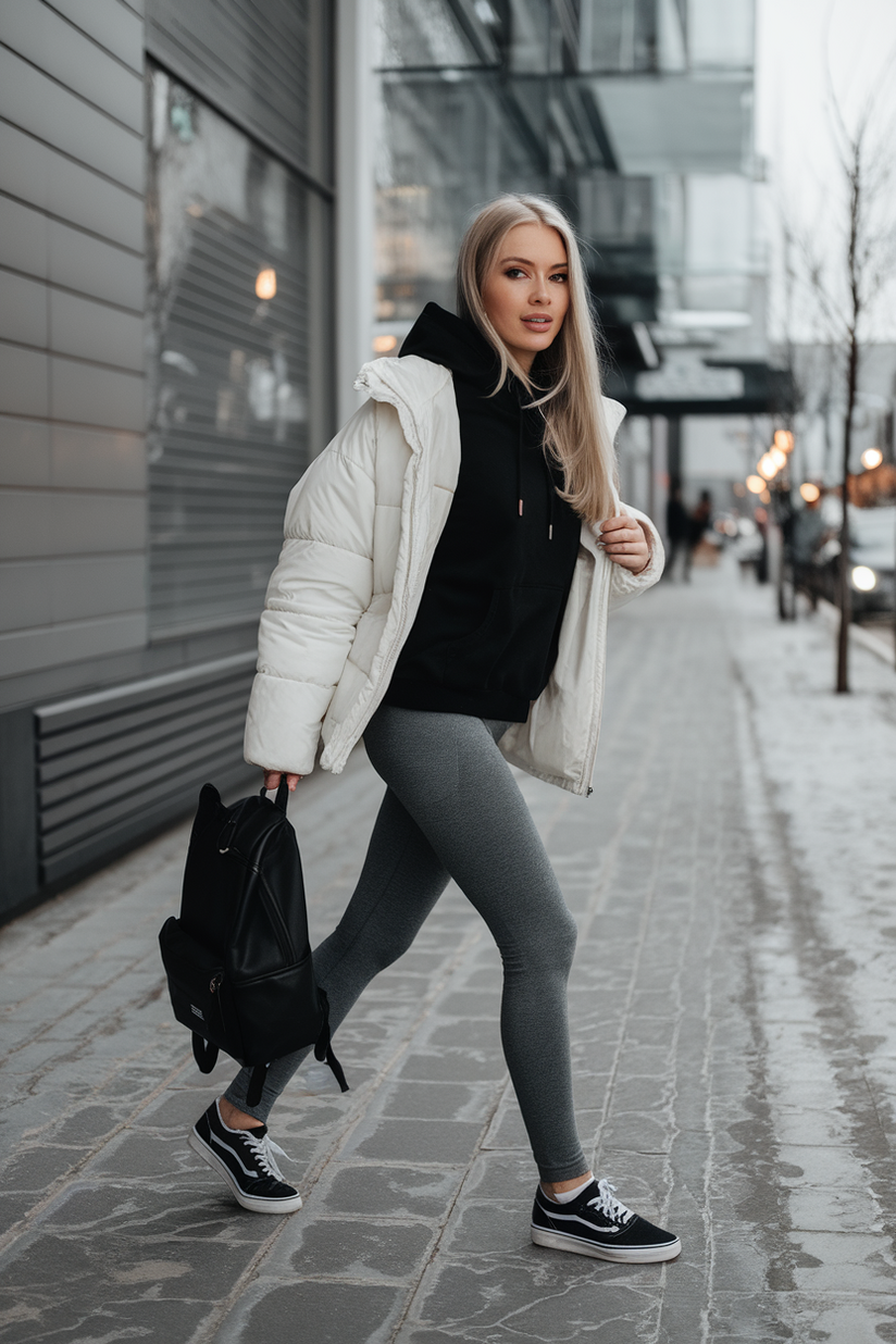 Winter outfit with gray leggings, a hoodie, and black Vans sneakers.