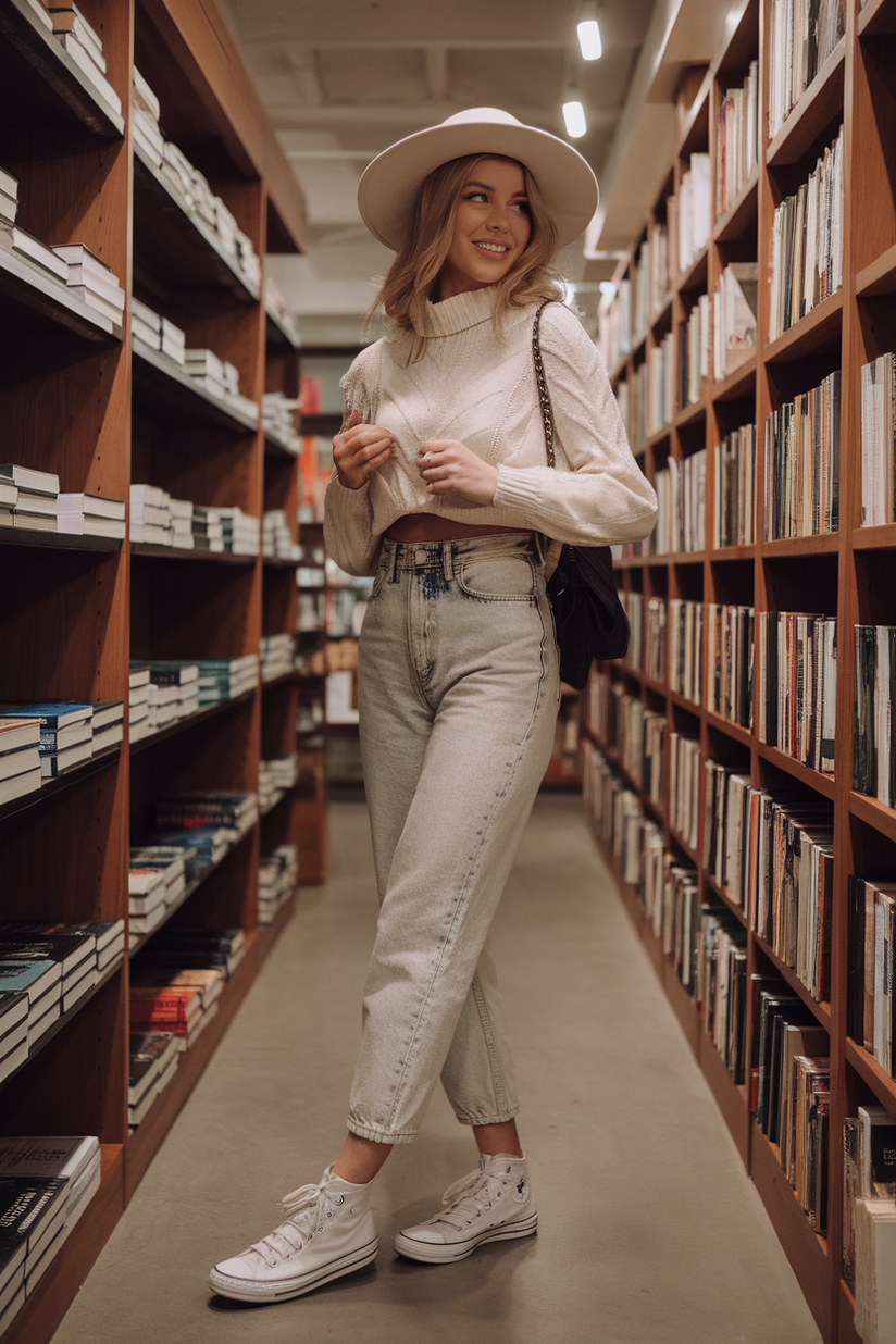 Light-wash jeans and a cream sweater styled with sneakers for a very casual spring work look.