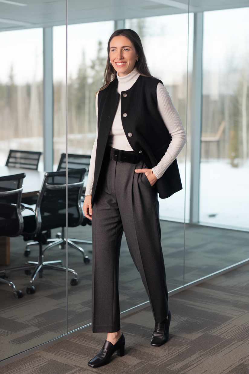 A woman in a black vest, white turtleneck, and gray trousers for a sophisticated winter work look.