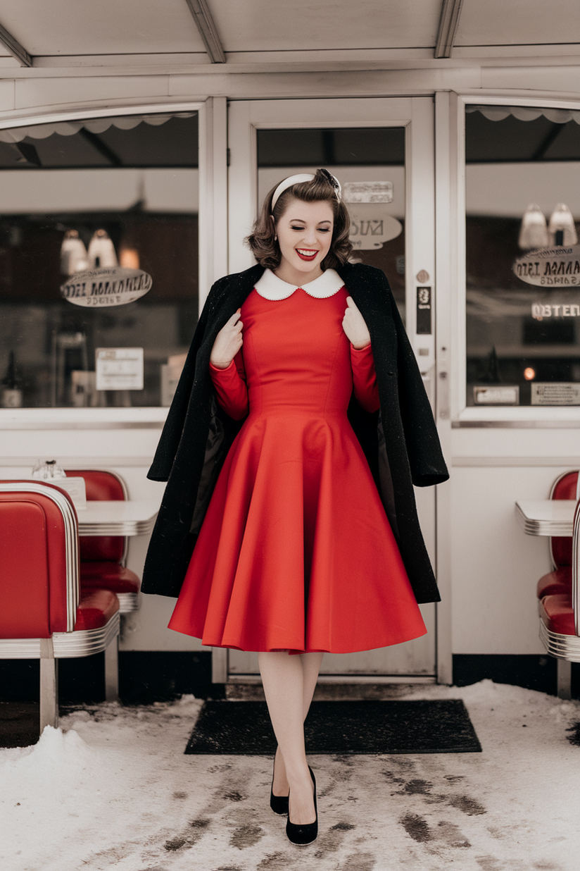 Vintage winter outfit with a red 50s-style dress, black coat, and white accents.