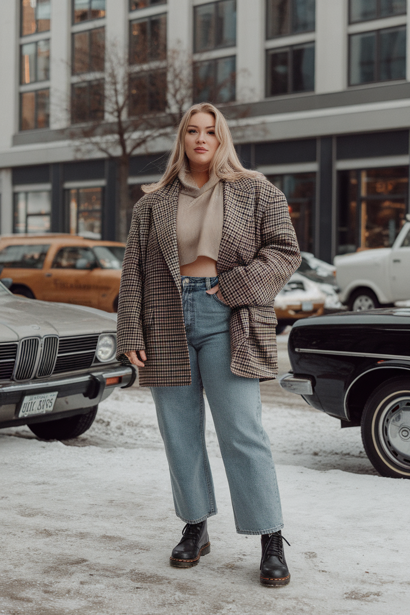 A plus-size woman in a plaid wool blazer, cropped sweater, and jeans with Doc Martens for a vintage 90s winter outfit.