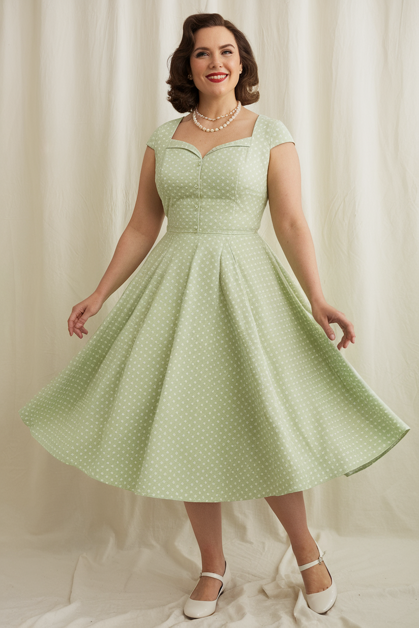 Plus-size woman in a vintage pale green polka dot tea dress with cap sleeves and white Mary Jane flats, against a neutral backdrop.