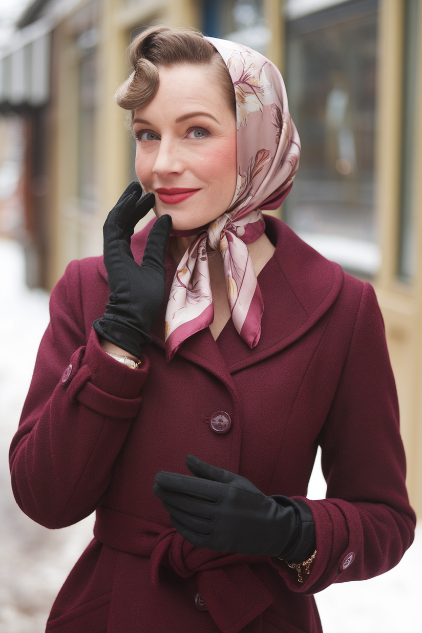 Vintage winter outfit with a silk scarf and burgundy wool coat.