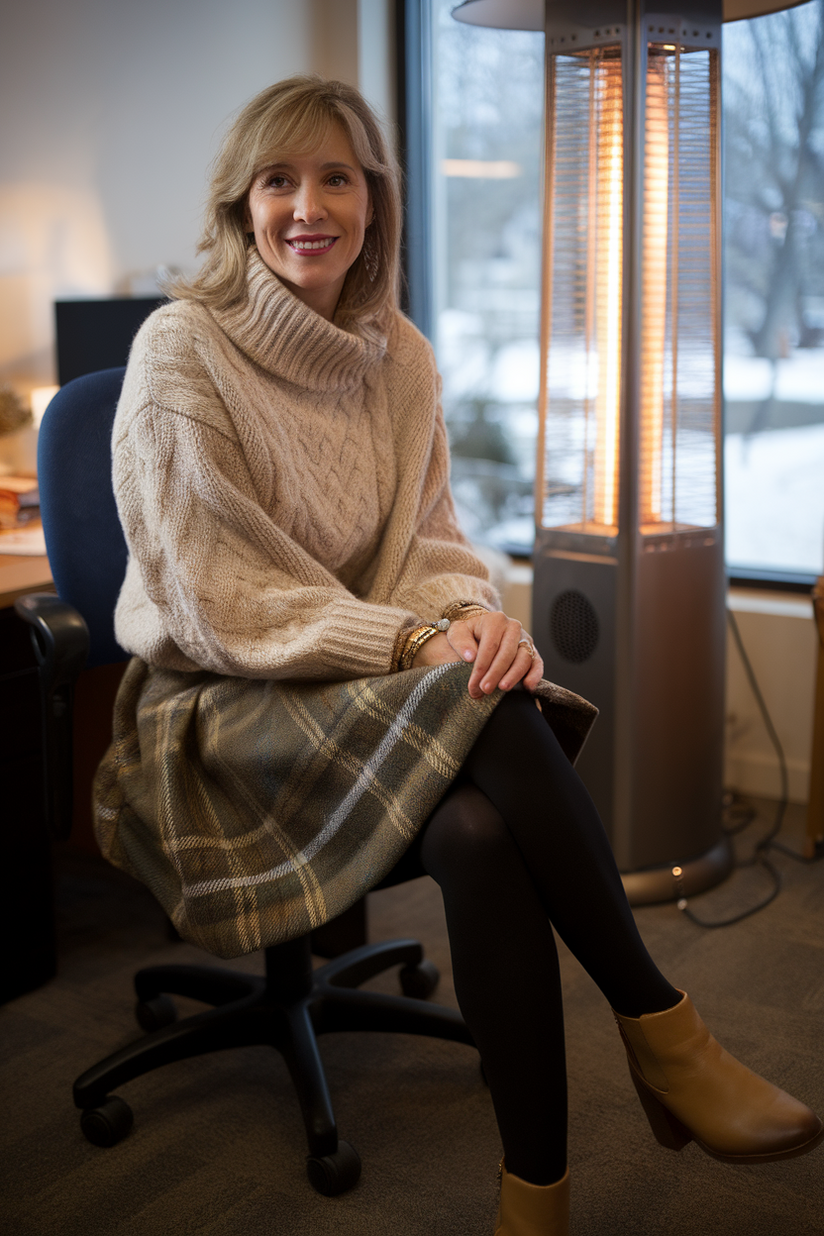 A woman in a beige sweater, plaid skirt, and black tights for a warm winter work outfit.