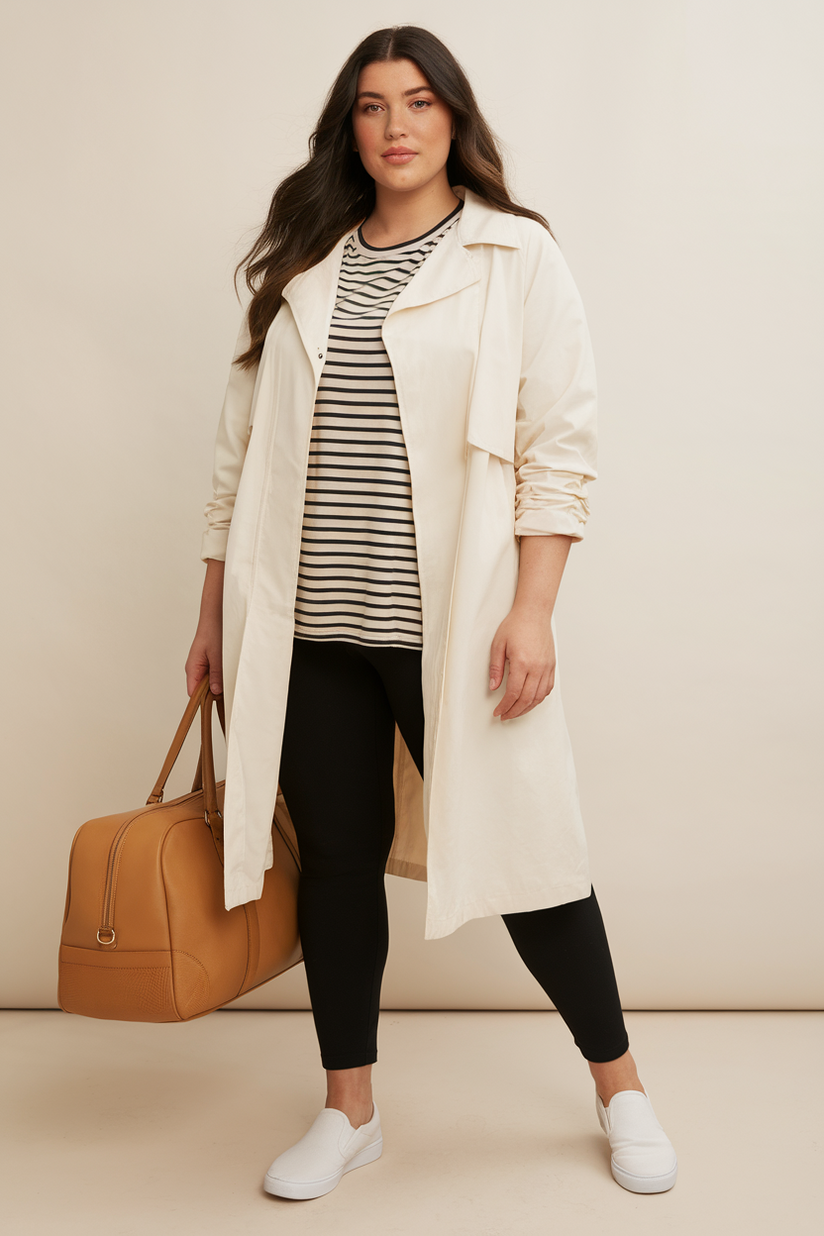 Plus-size woman in a cream trench coat with black leggings and white slip-on sneakers, carrying a tan duffle bag against a beige background.