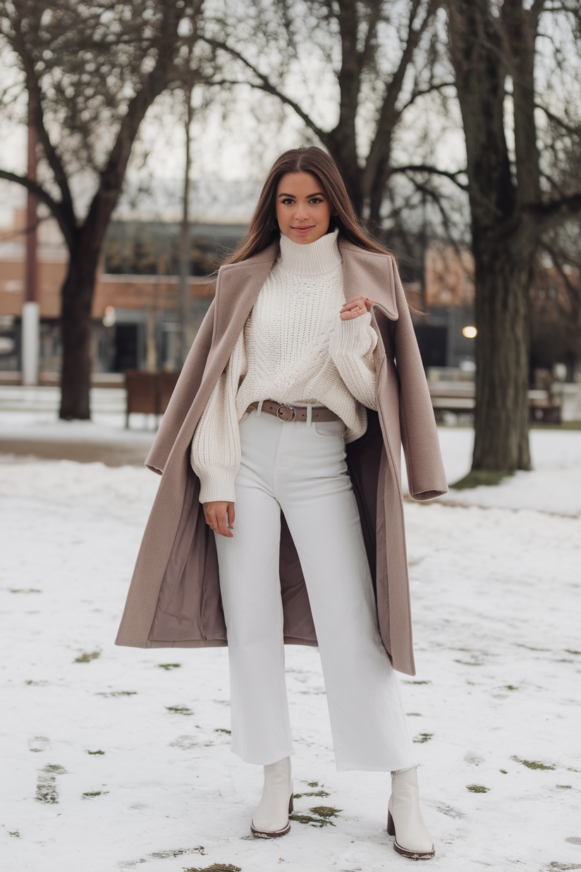 Woman in white jeans, a chunky knit sweater, and ankle boots, layered with a taupe wrap coat in a snowy park.