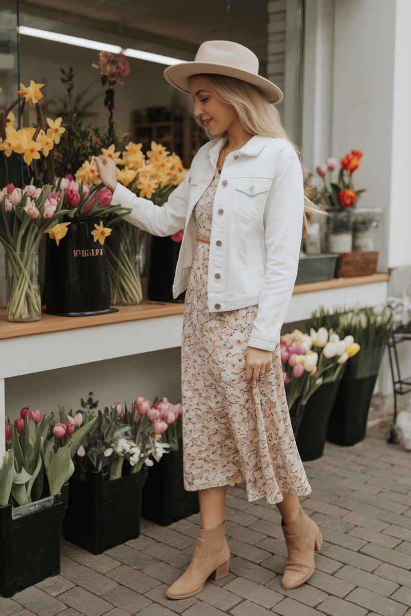 A floral midi dress styled with a white denim jacket and ankle boots for spring work.