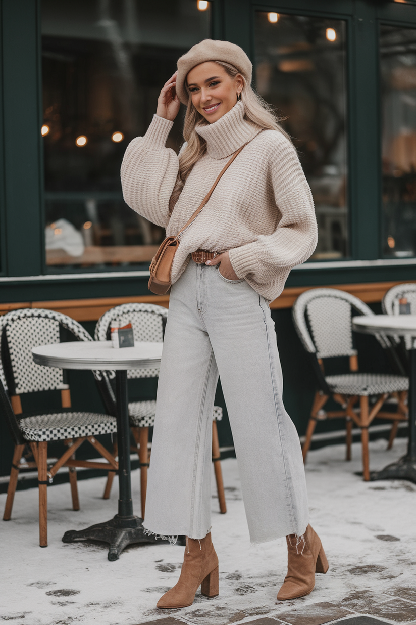 Tan suede block heels styled with wide-leg jeans and a cream turtleneck sweater in a cozy winter look.