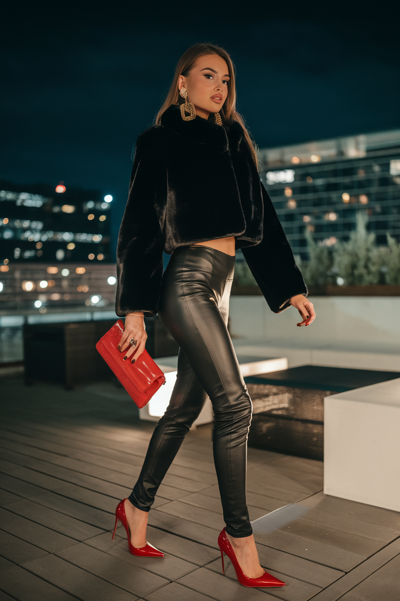 Red patent leather stiletto heels styled with leather leggings and a faux fur coat in a bold winter look.