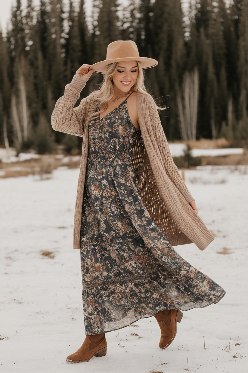 Winter boho outfit with a floral maxi dress, knit cardigan, and suede boots.