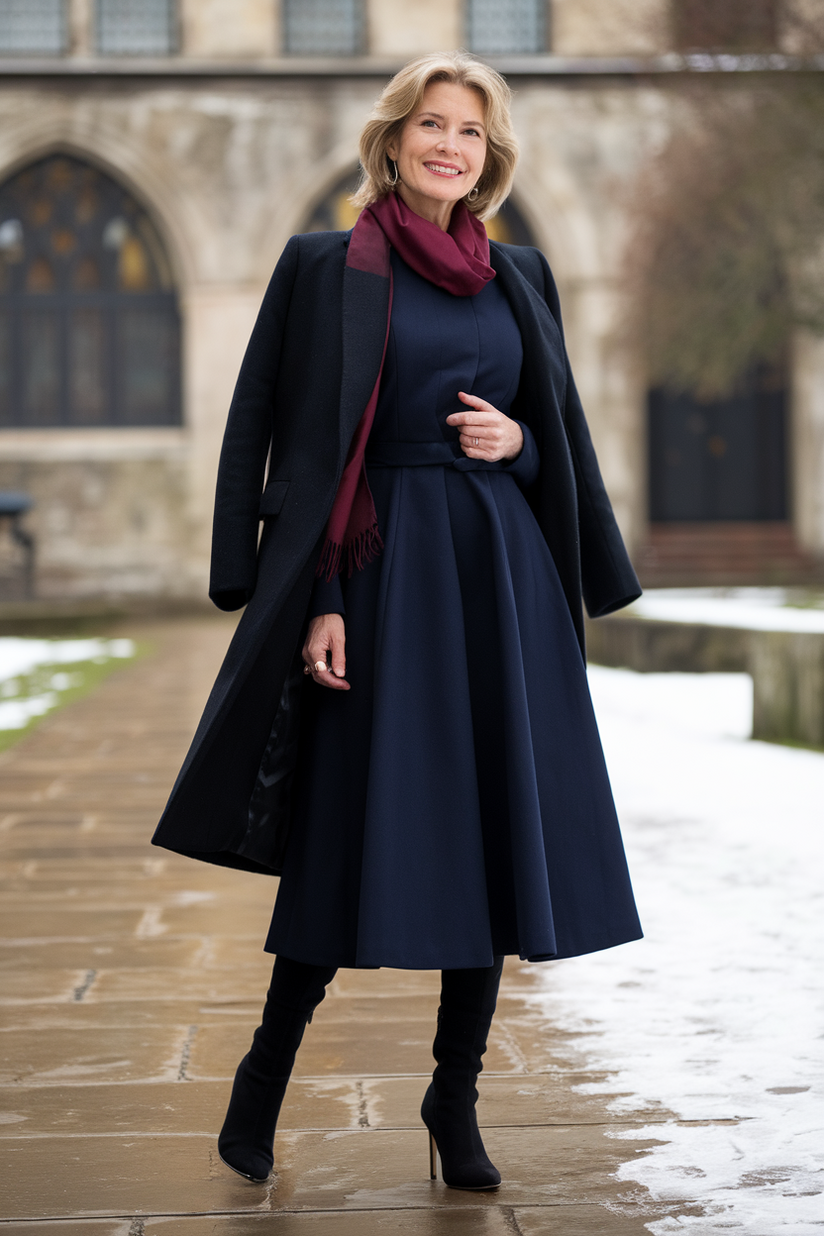 Winter outfit with a navy wool dress, black coat, and burgundy scarf.