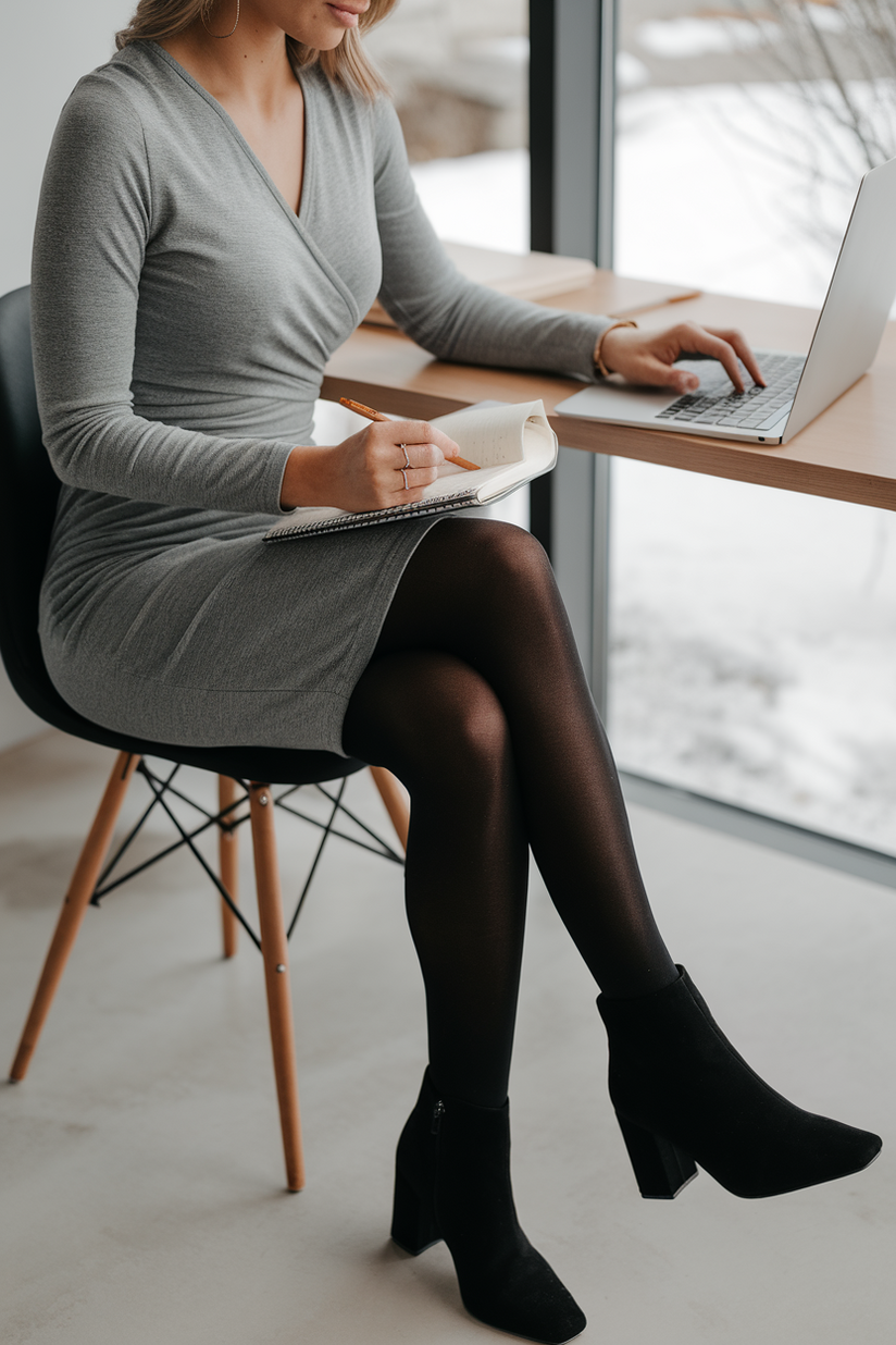 A woman in a gray wrap dress, black tights, and black ankle boots, styled for a professional winter work outfit.