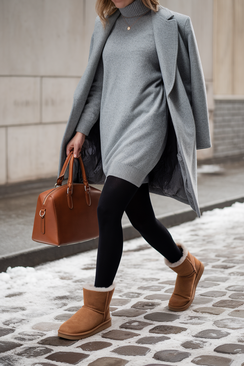 Winter dress outfit with a gray sweater dress, black tights, and chestnut UGG boots.