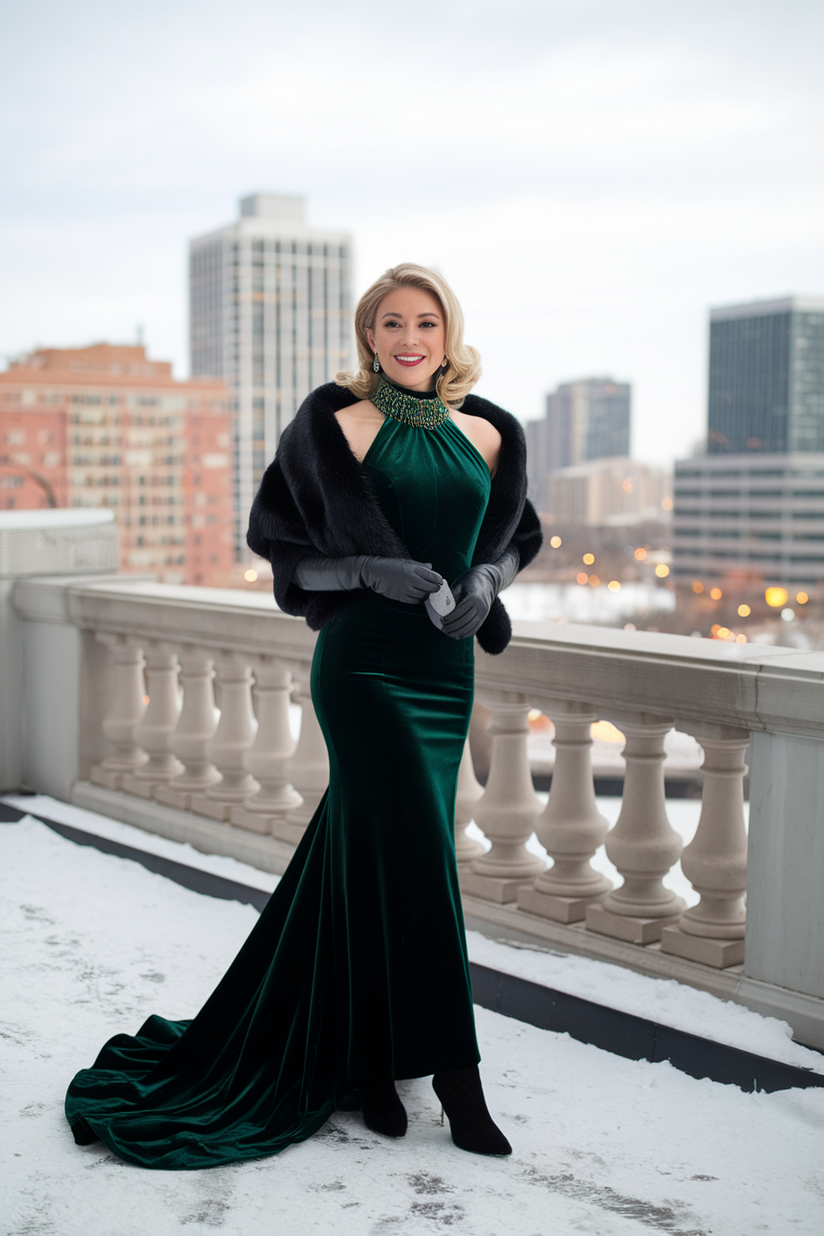 Elegant winter outfit with an emerald velvet dress and black faux-fur shawl.