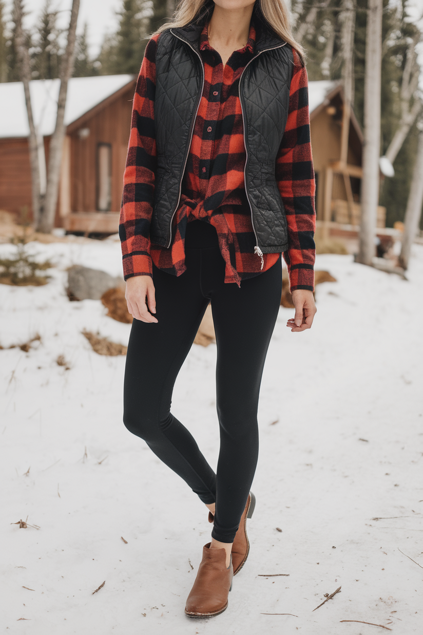 Winter outfit with black leggings, a red flannel shirt, and a quilted vest.