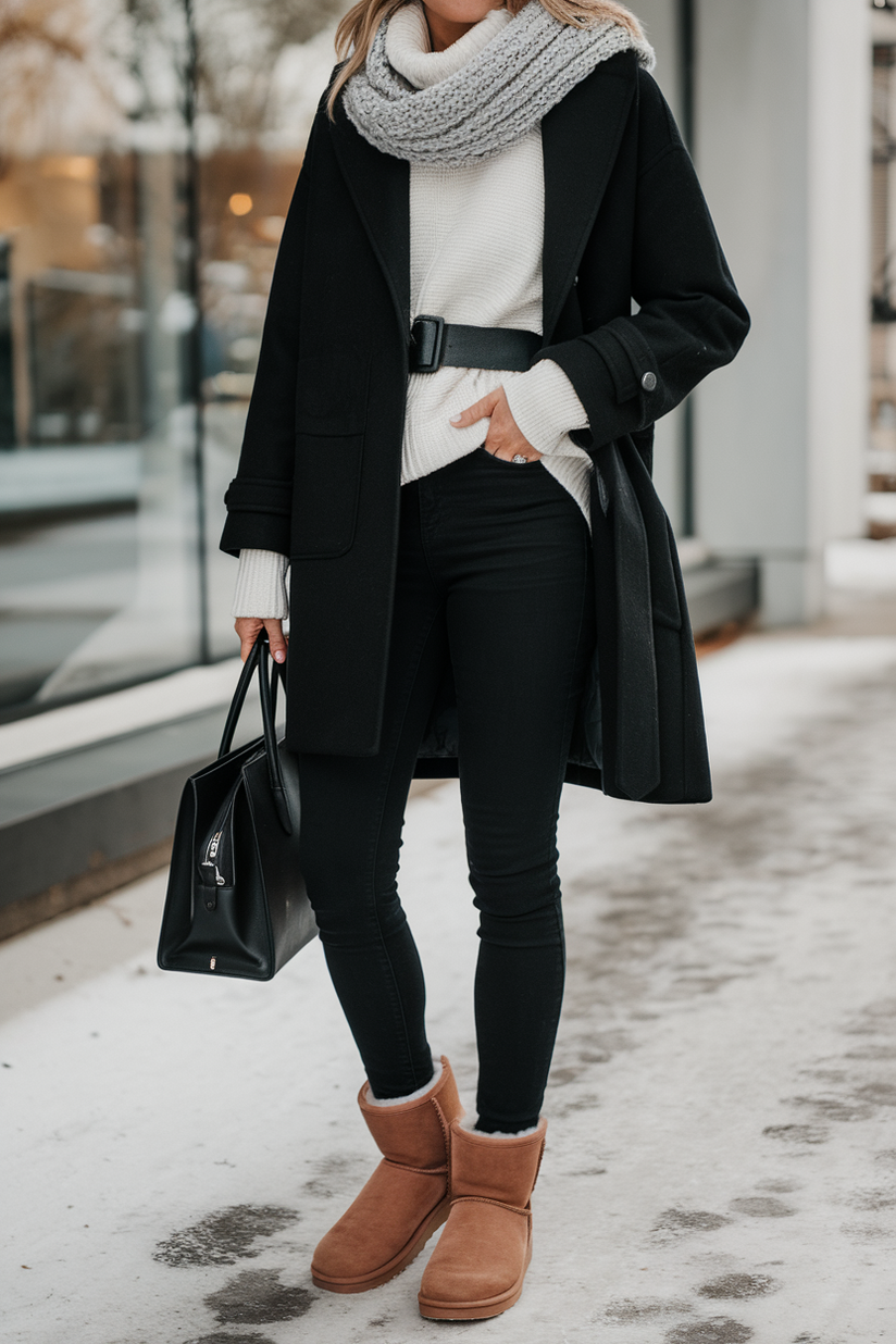 Winter outfit with black skinny jeans, white turtleneck, and chestnut UGG boots.