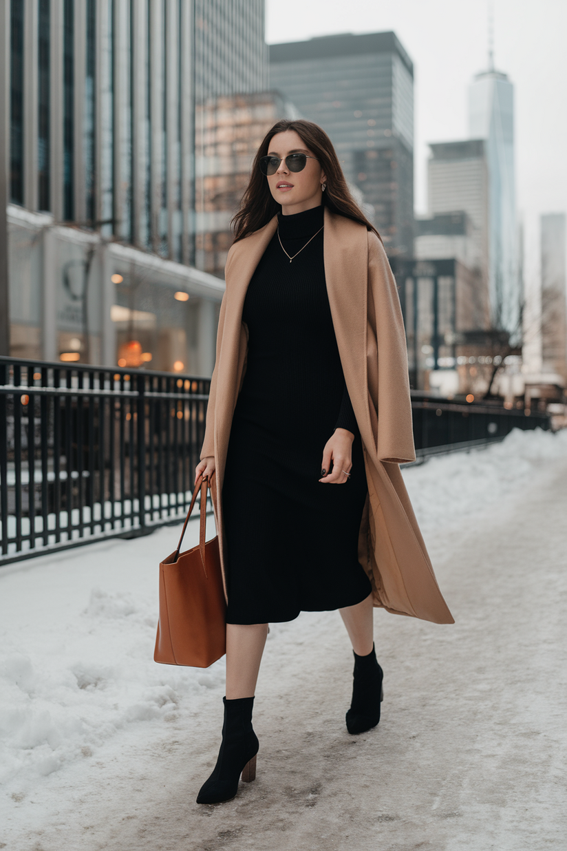 Winter New York outfit with a black midi dress, camel coat, and heeled ankle boots.