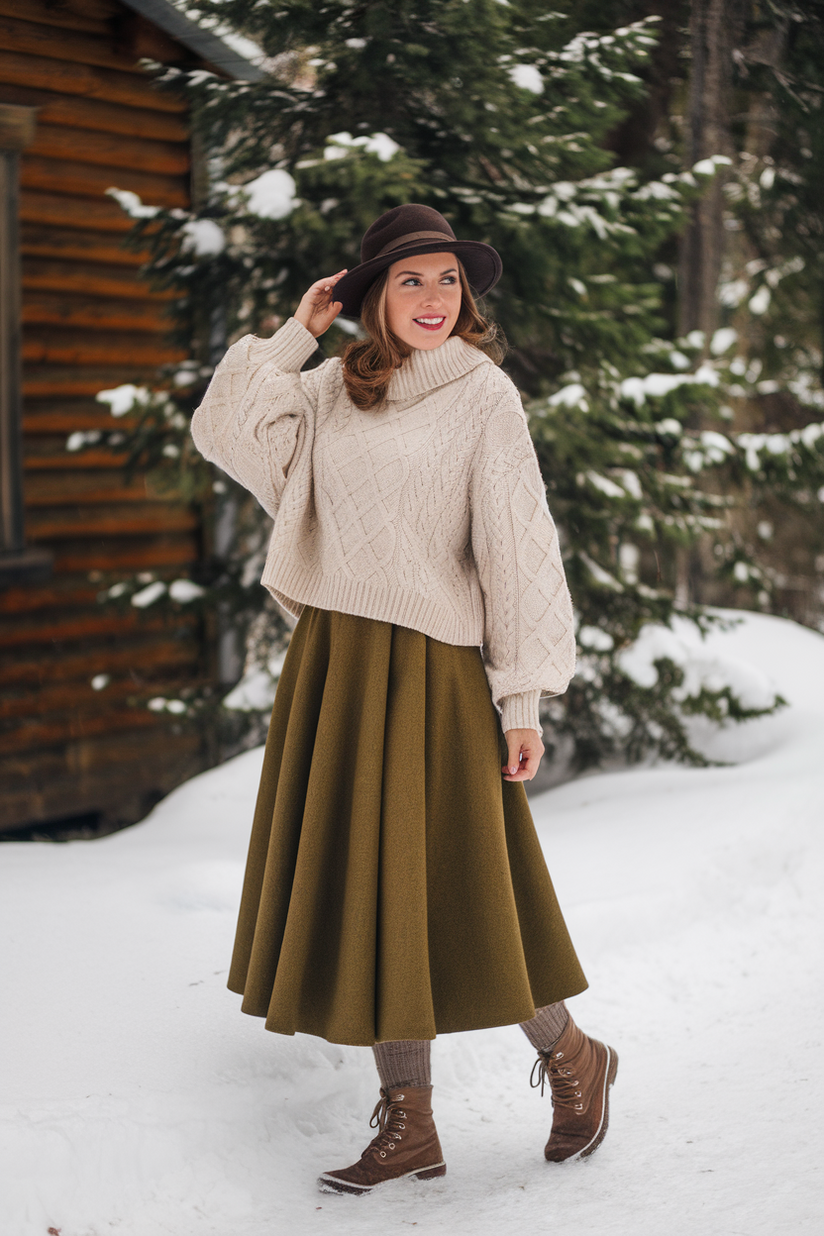 Vintage winter outfit with a long olive skirt, cream oversized sweater, and brown lace-up boots.