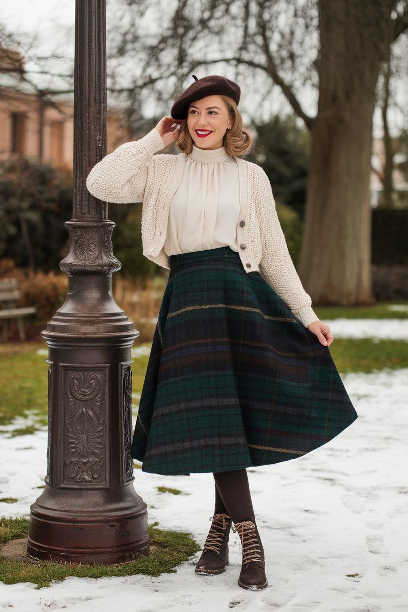 Vintage winter outfit with a green plaid skirt, white blouse, and cropped cream cardigan.