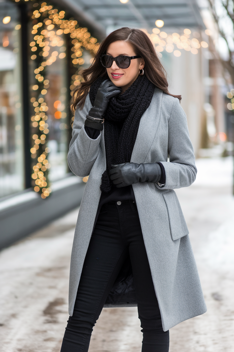 Winter outfit with a black scarf, gray coat, and black boots.