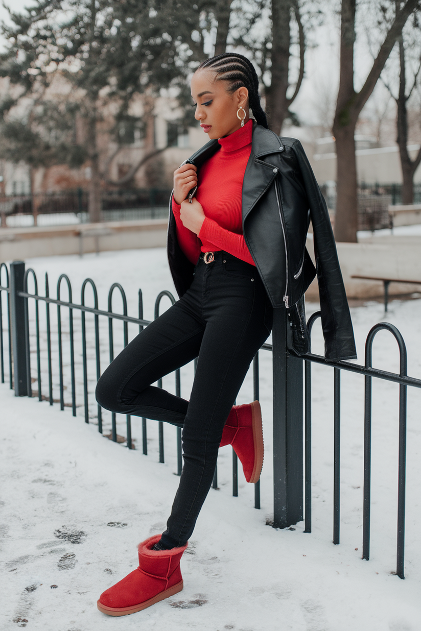 Winter outfit with black skinny jeans, red sweater, and red UGG boots.