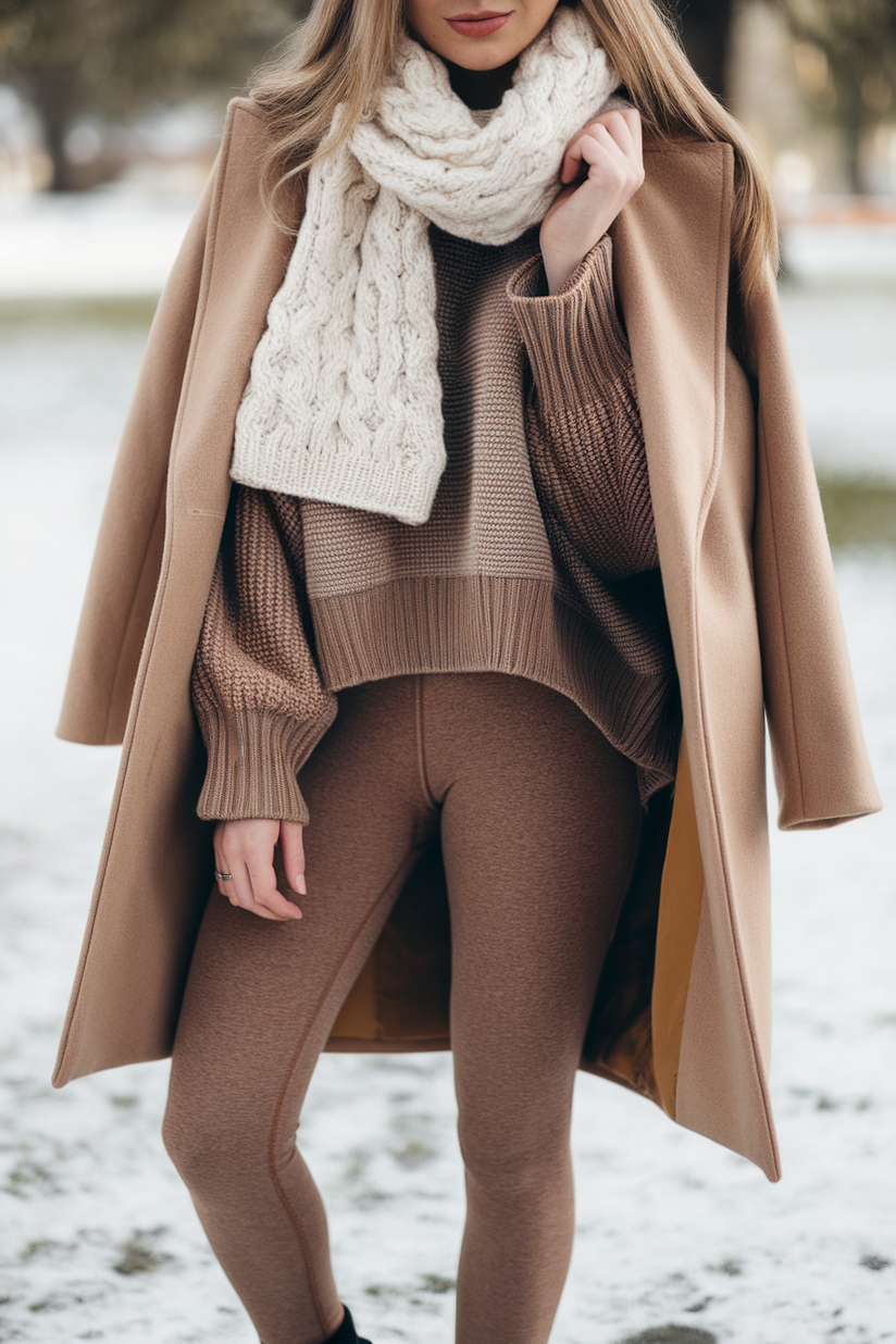 Brown leggings styled with a beige sweater, camel coat, and boots, perfect for winter.