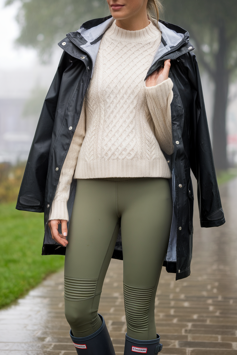 Casual winter outfit for rainy days with green leggings, a cream sweater, and a black raincoat.