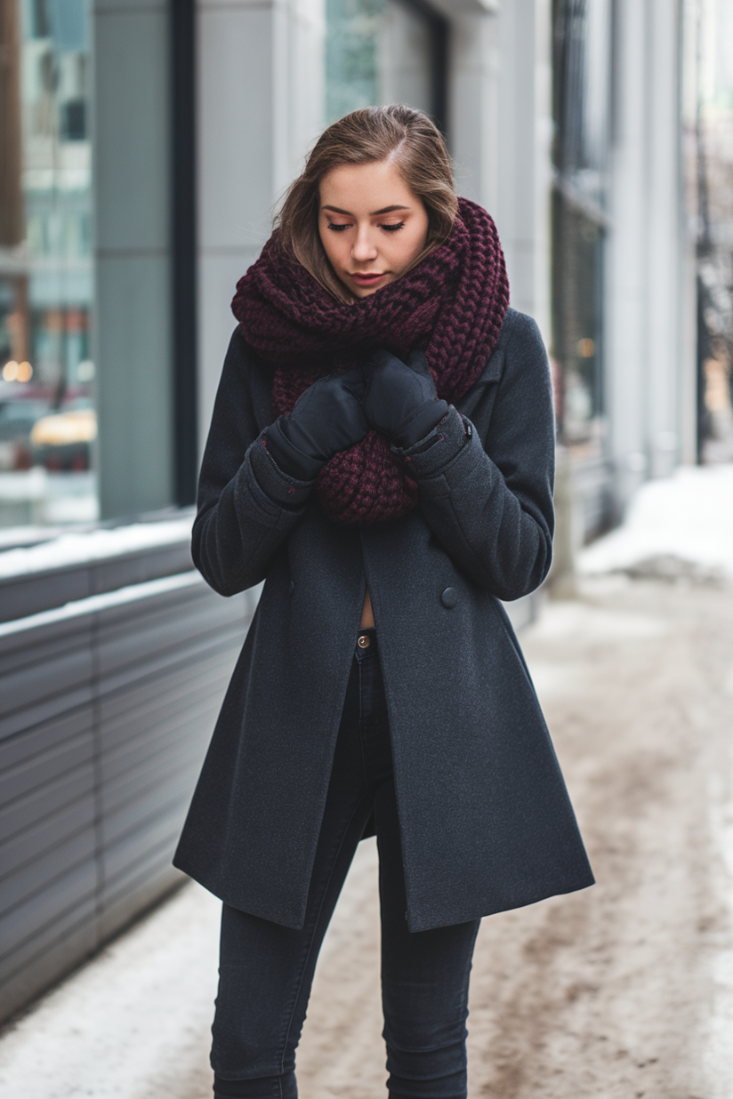 Winter outfit with a dark red scarf, gray coat, and black jeans.