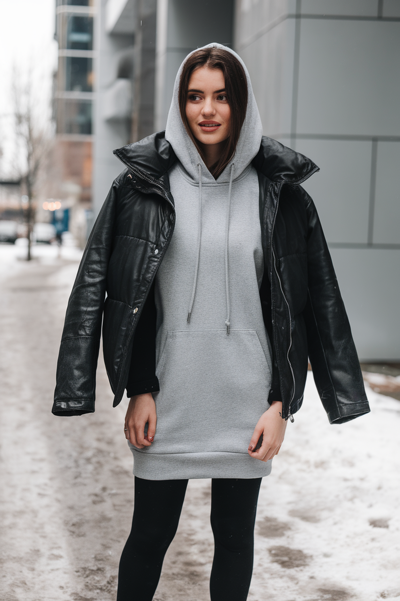 Winter outfit with a gray hoodie dress, black puffer jacket, and white sneakers.