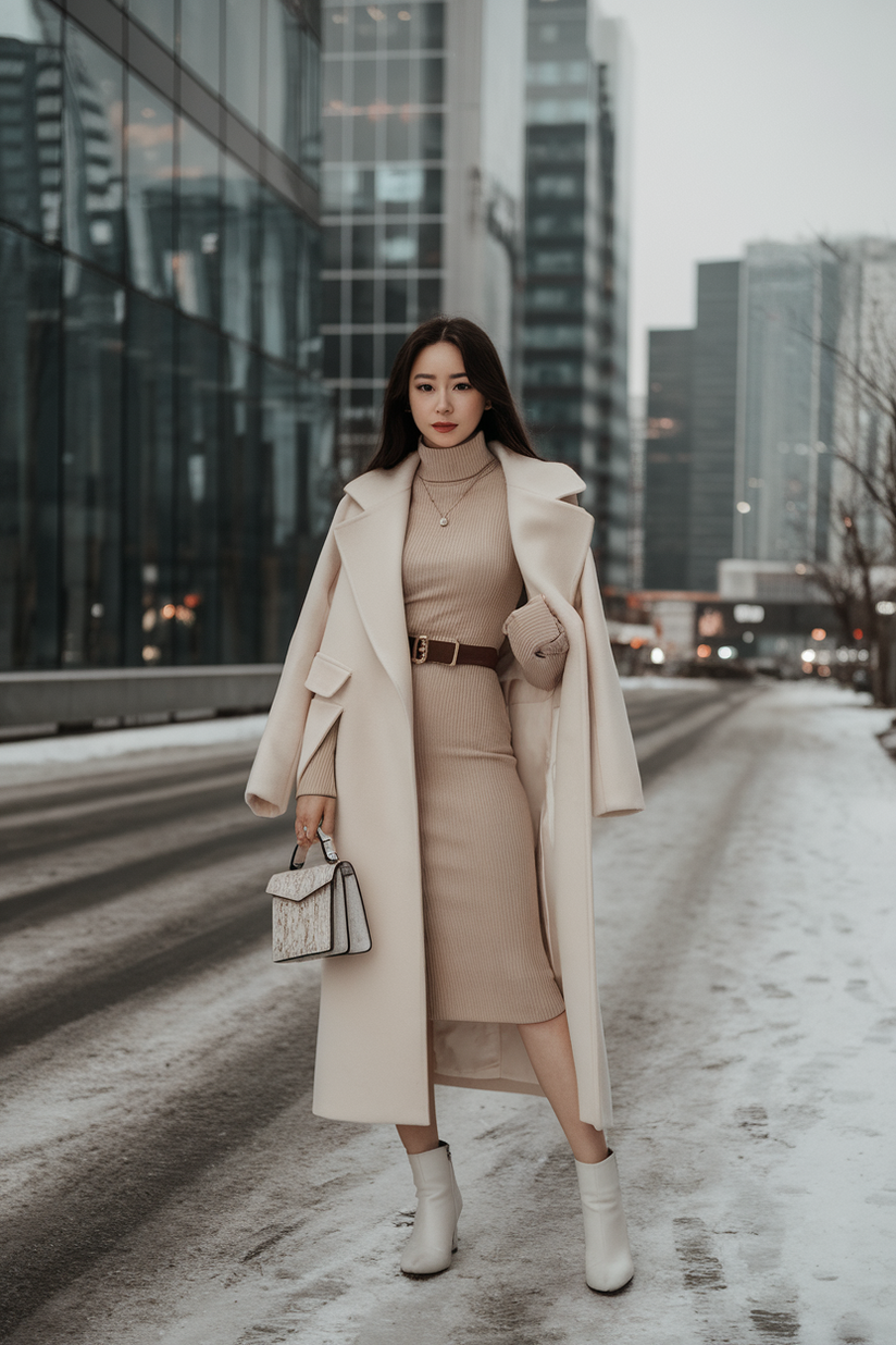 Korean winter outfit with a beige turtleneck dress, cream coat, and white boots.