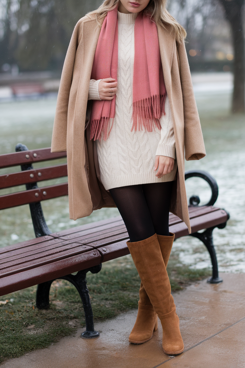 Winter outfit with a red scarf, cream dress, and tan coat.