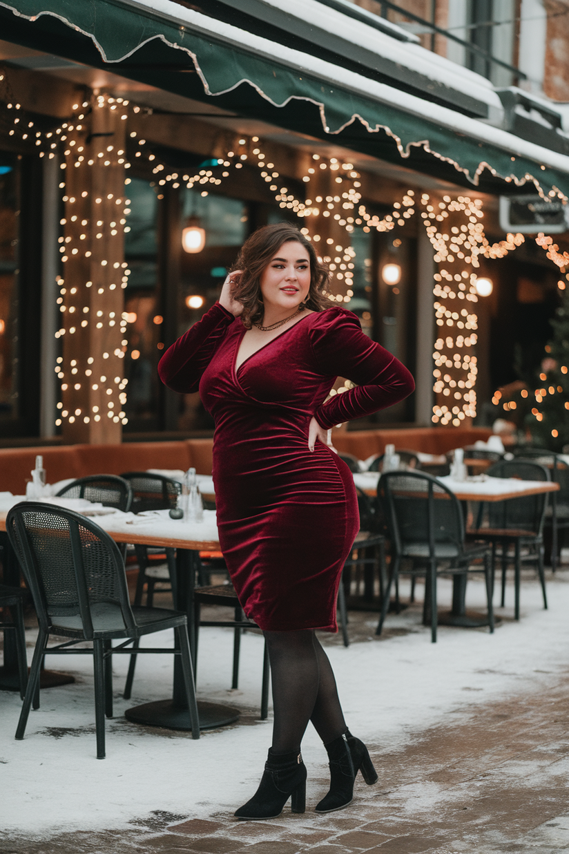 A plus-size woman in a burgundy velvet dress, black tights, and ankle boots, styled for a winter date night.