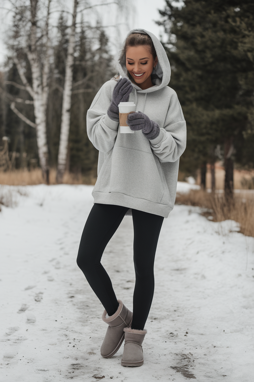 Winter outfit with black leggings, gray hoodie, and short gray UGG boots.