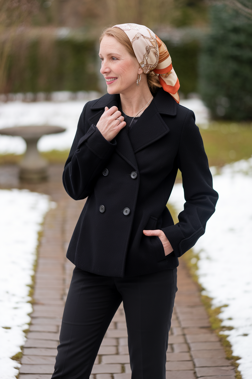 Winter outfit with a silk headscarf, black coat, and trousers.