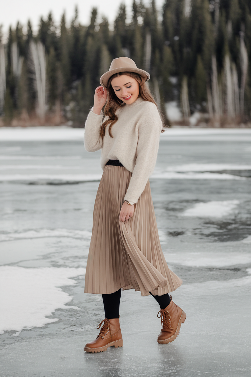 Winter outfit with a long beige pleated skirt, cream sweater, and brown lace-up boots.