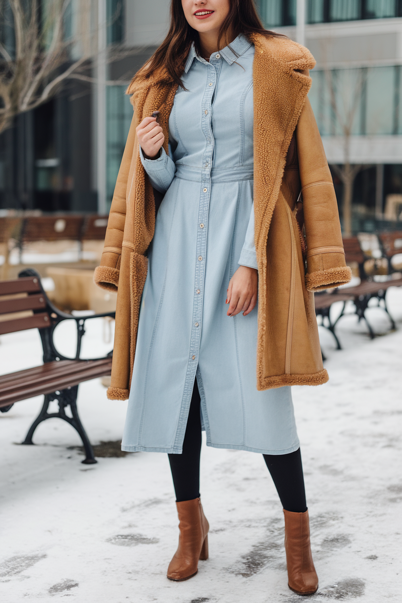 Winter outfit with a denim dress, tan shearling coat, and brown boots.