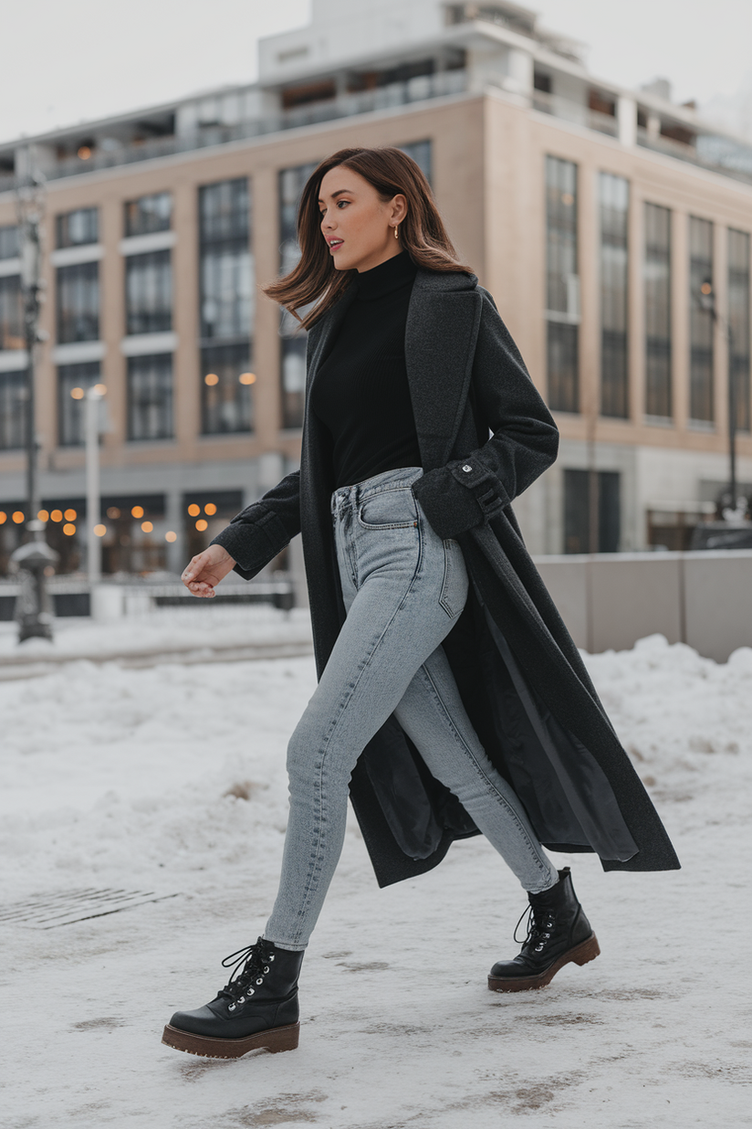 Woman in skinny jeans, black combat boots, and a turtleneck with a gray trench coat in a snowy urban square.