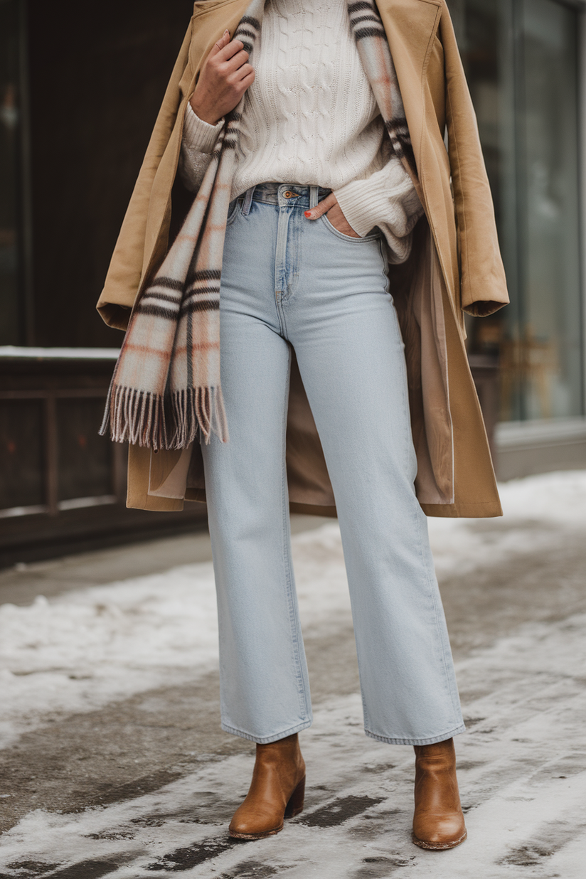 Winter outfit with jeans, a plaid scarf, and a trench coat.