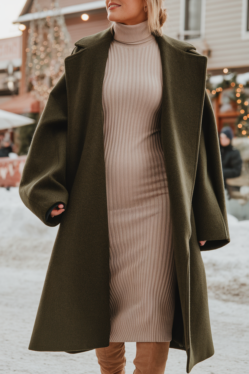 Winter outfit with a beige knit dress, green coat, and tan boots.