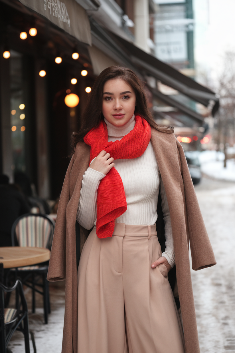 Korean winter outfit with a red scarf, beige trousers, and a brown coat.