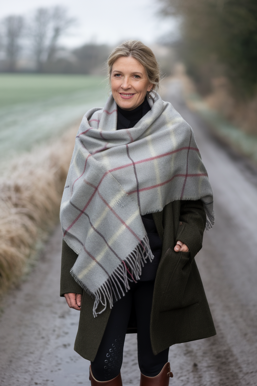 Winter outfit with an oversized grey plaid scarf and a green coat.