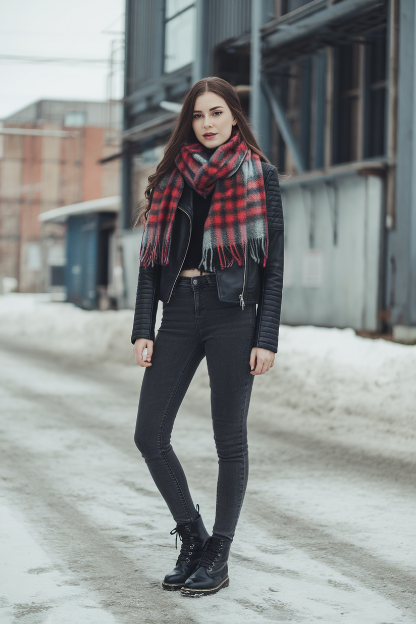 Winter outfit with a plaid scarf, leather jacket, and gray jeans.