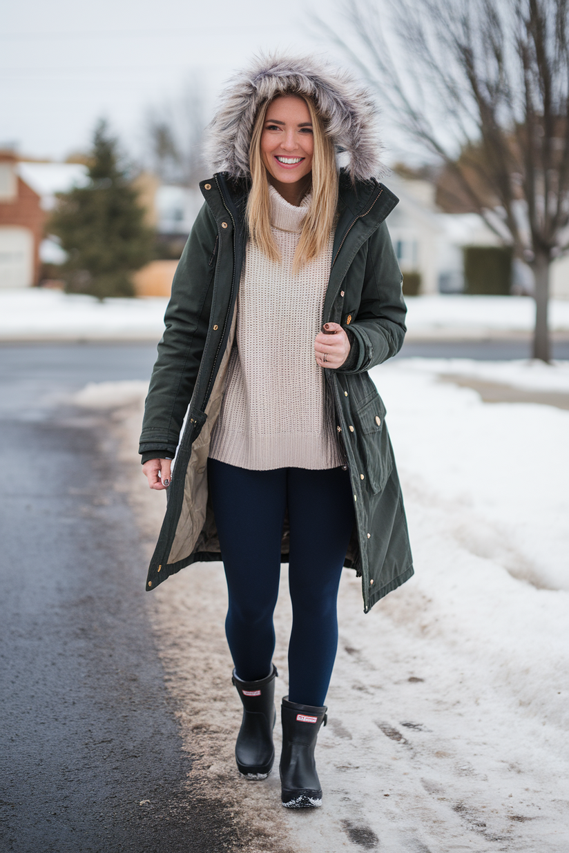 Winter outfit with navy leggings, a beige sweater, and a dark green parka.