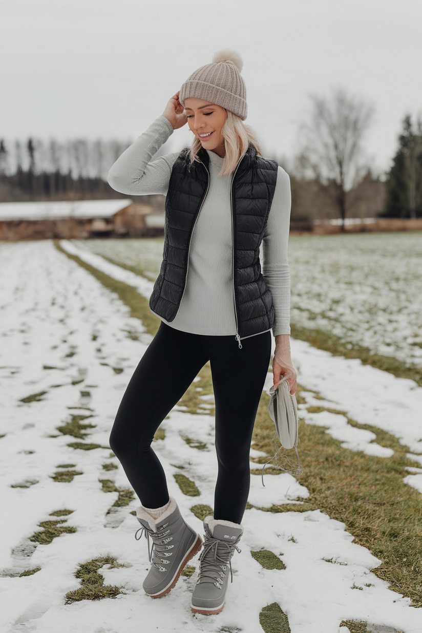 Winter outfit with black leggings, a gray shirt, and a quilted black vest.