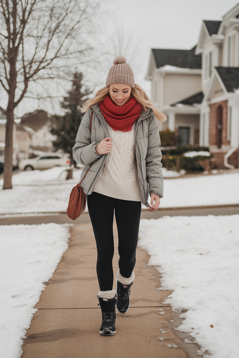 Winter outfit with a red scarf, black leggings, and a gray jacket.