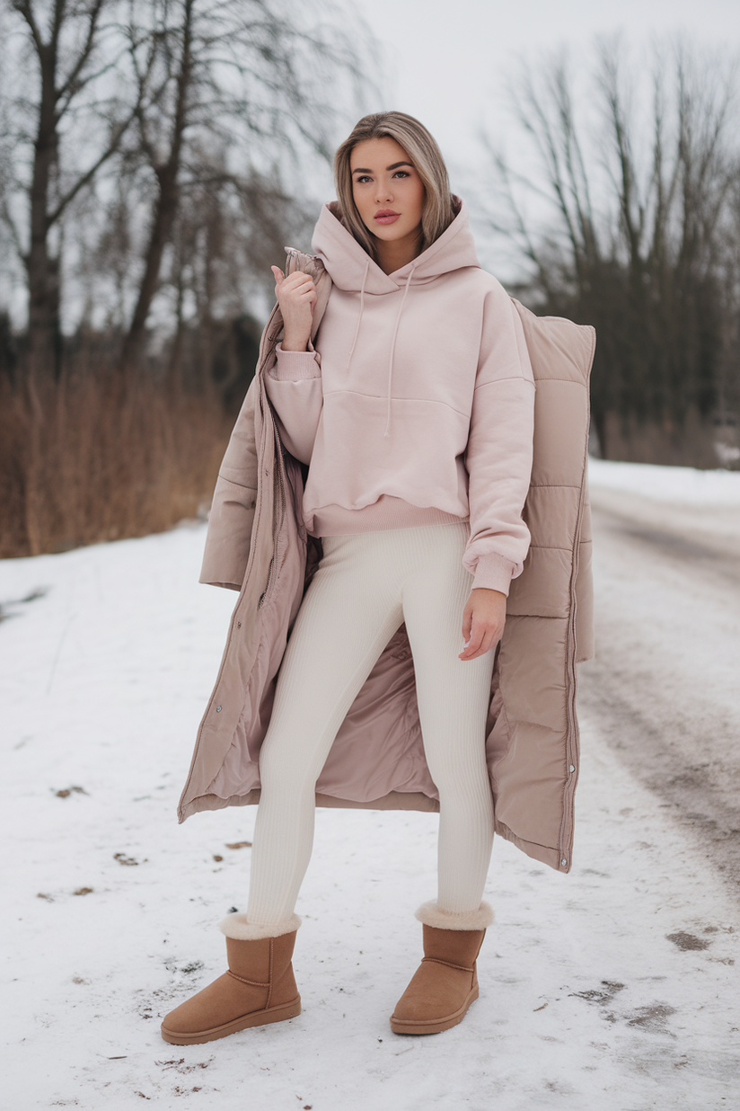 Winter outfit with cream leggings, a pink hoodie, and chestnut Ugg boots.