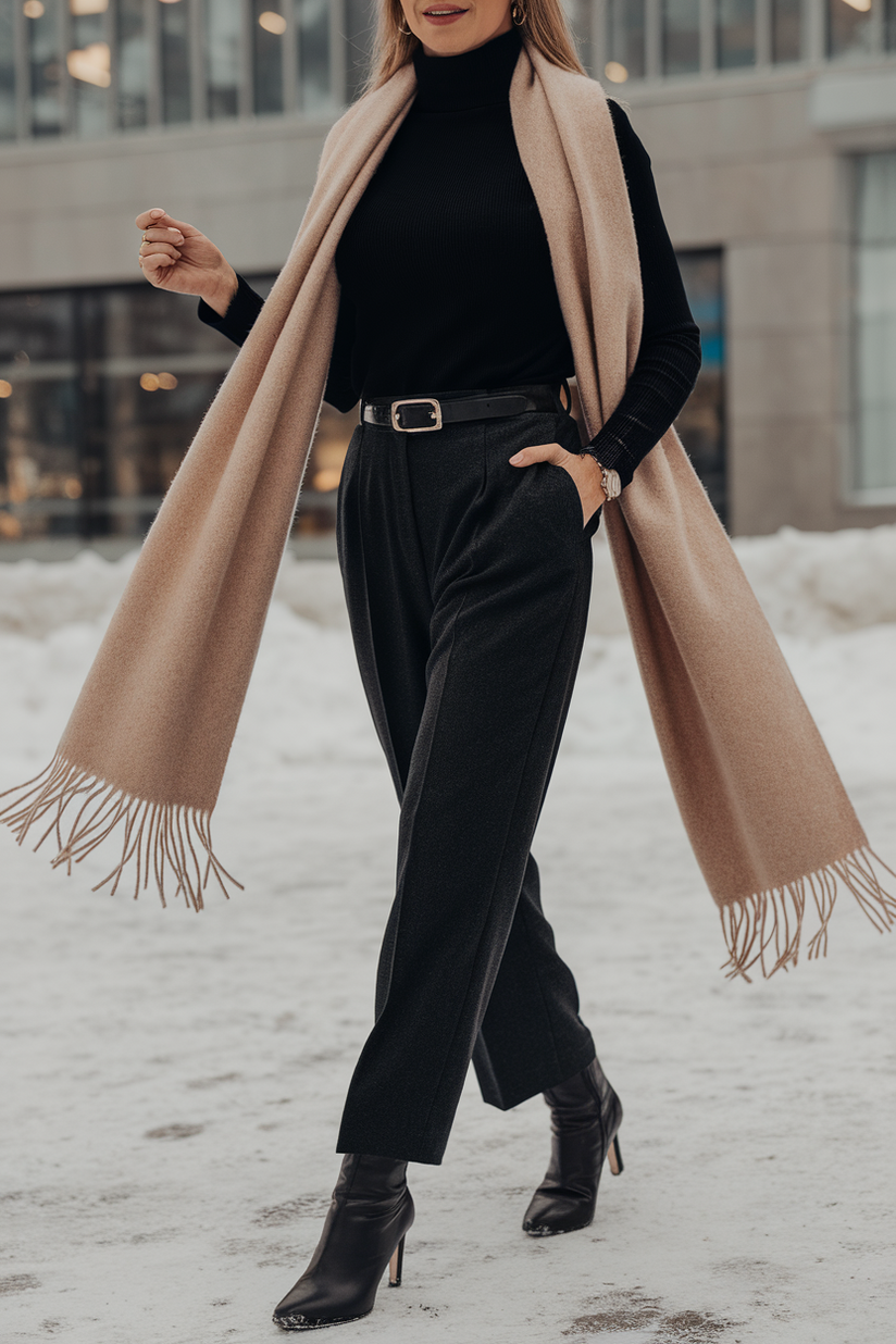 Winter outfit with a long beige scarf, black turtleneck, and gray trousers.