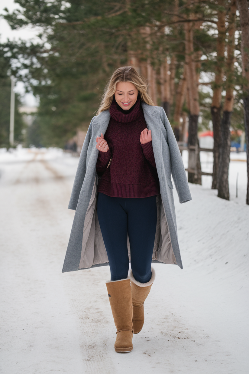 Winter outfit with navy leggings, burgundy sweater, and tall chestnut UGG boots.